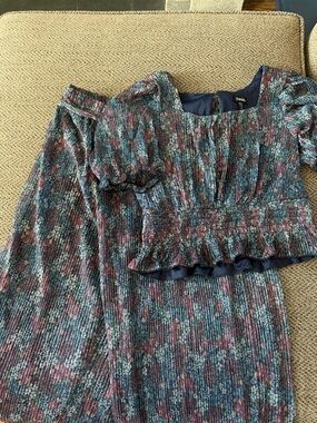 Zunie Ribbed Two-Piece Floral Print Crop Top & Maxi Skirt - Blue, Teal, Pink